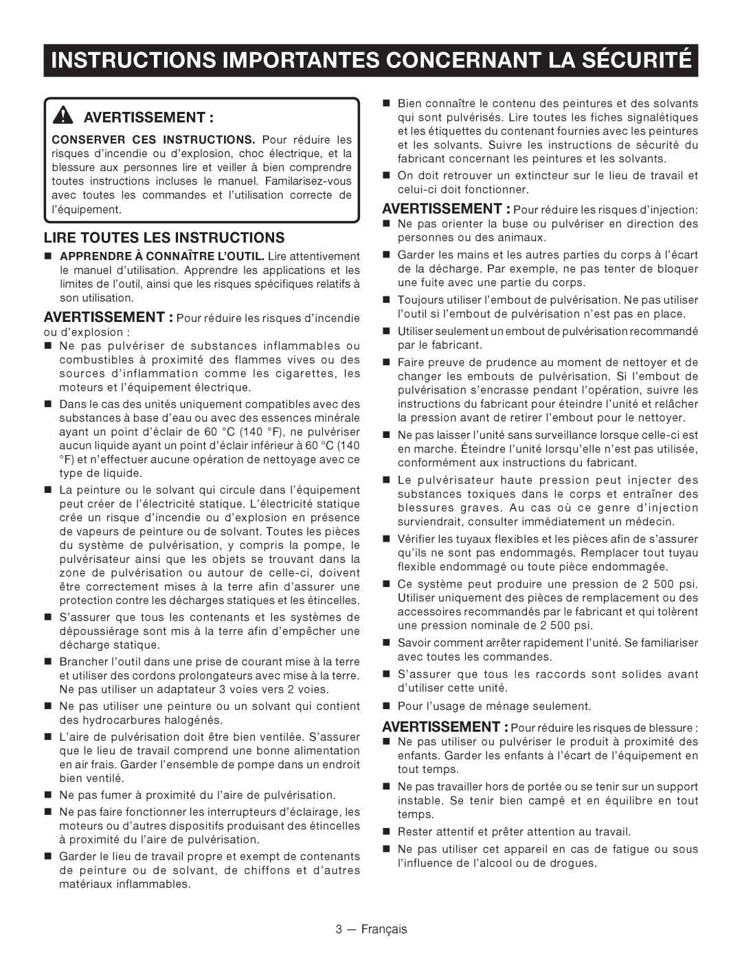 Ryobi SSP0501 Instructions Importantes Concernant LA Sécurité, Avertissement , Lire Toutes LES Instructions 